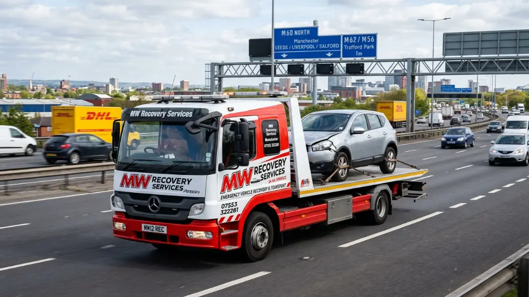 Car recovery flatbed truck driving on Manchester motorway