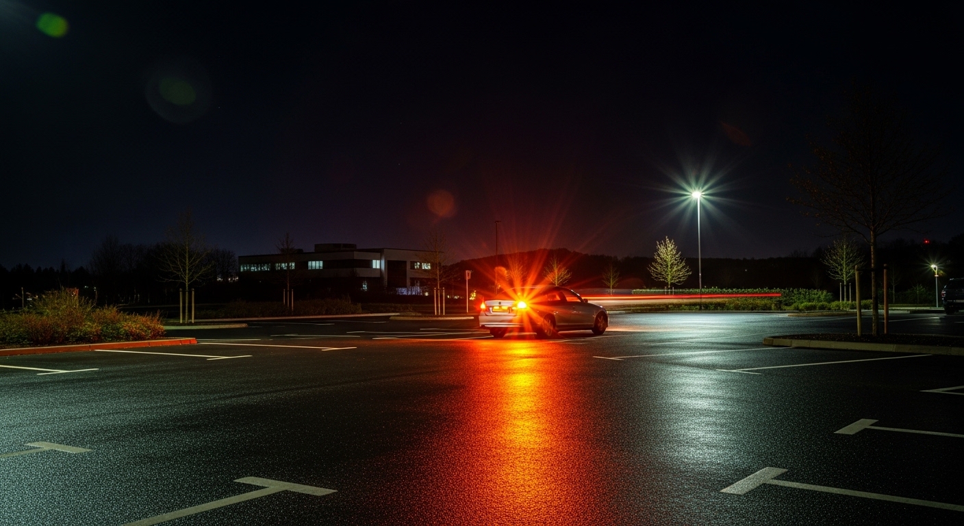Car stranded with hazard lights on at night in Manchester