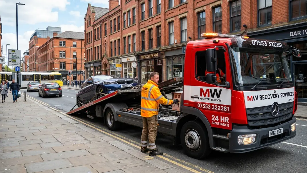 Flatbed recovery truck loading a car in Manchester urban street