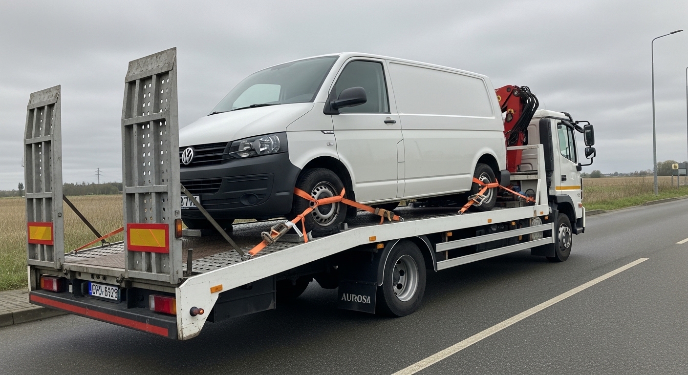 Van properly secured on flatbed recovery truck with professional straps