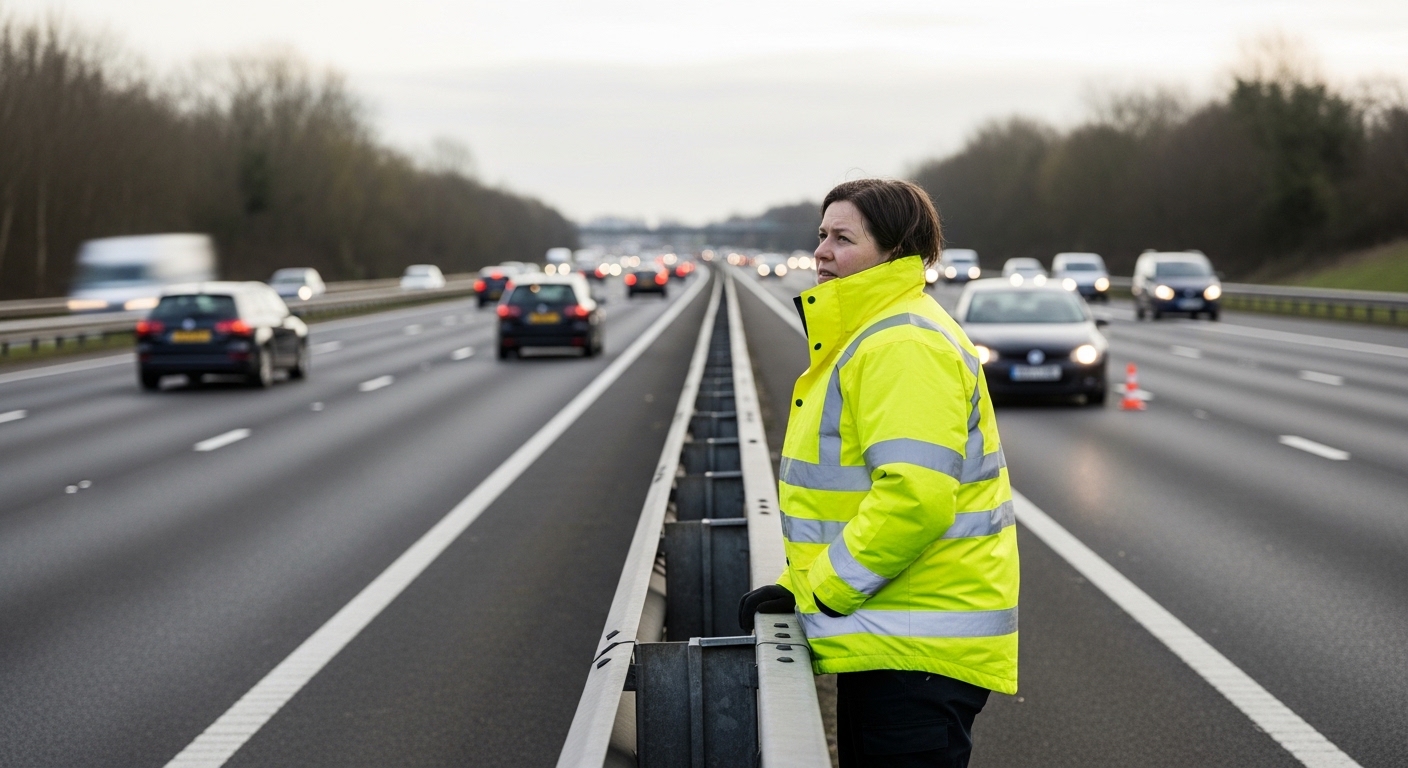 Driver wearing high visibility jacket waiting safely behind motorway barrier for recovery