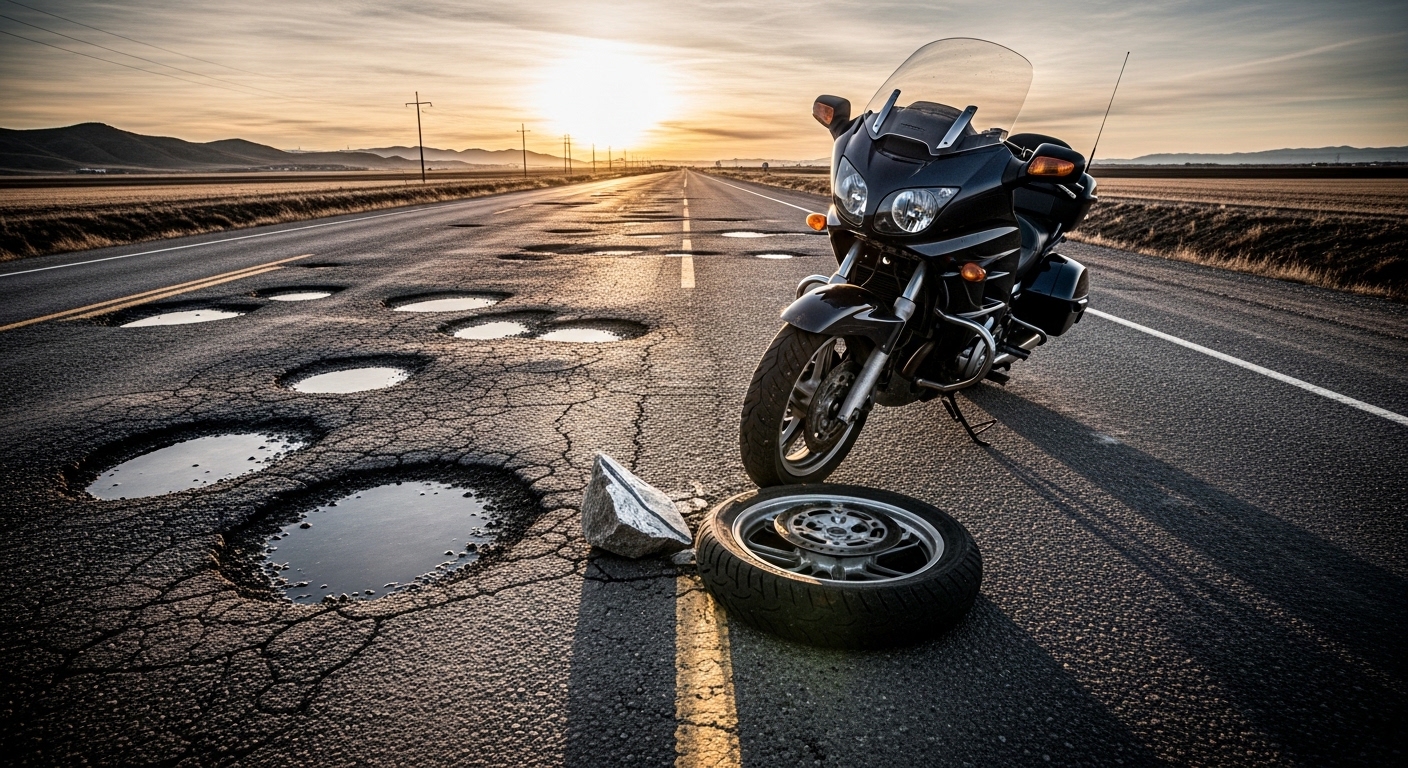 Motorcycle with a punctured tyre caused by a pothole on a Manchester road