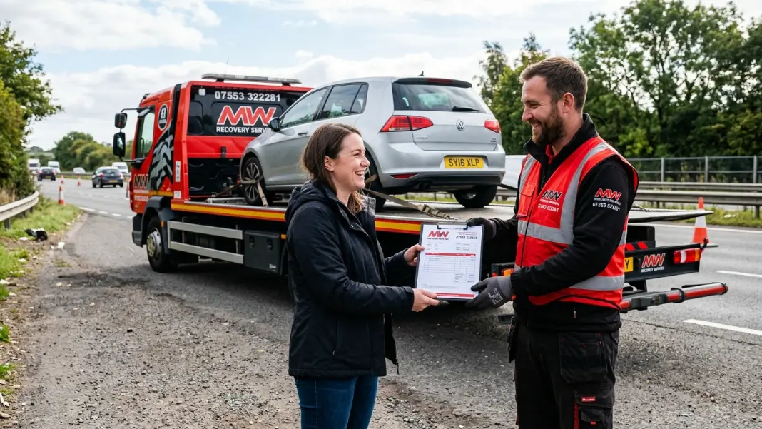 Recovery operator handing over an invoice to a car owner at the roadside