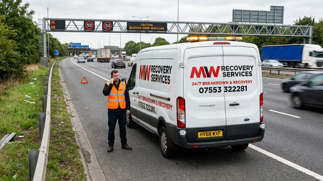 White transit van broken down on UK motorway hard shoulder with driver on phone