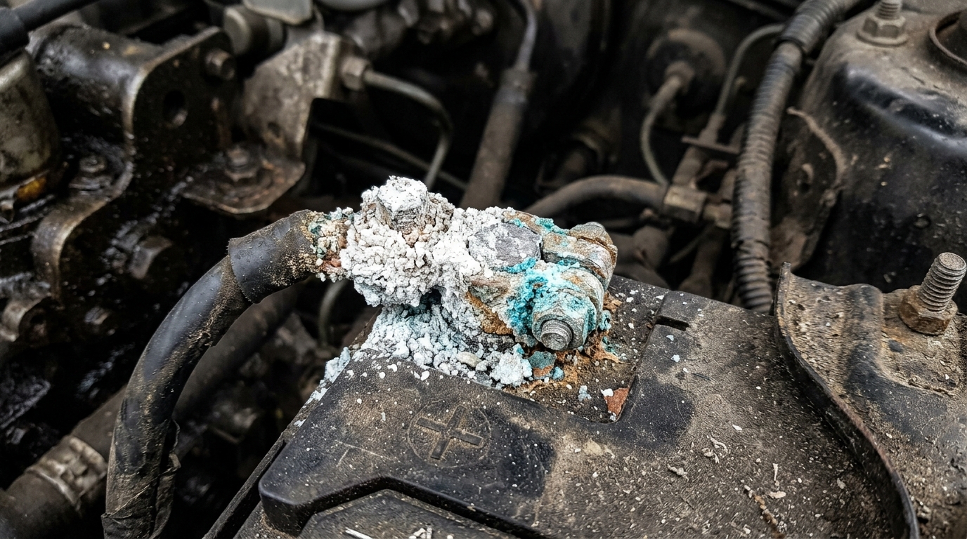 Corroded car battery terminal with white powder buildup