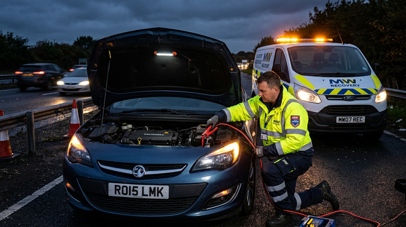 Recovery technician performing a jump start on a car at the roadside