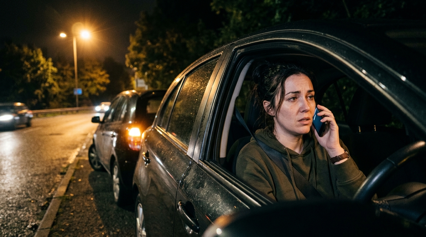 Driver calling for 24 hour roadside assistance at night next to broken down car