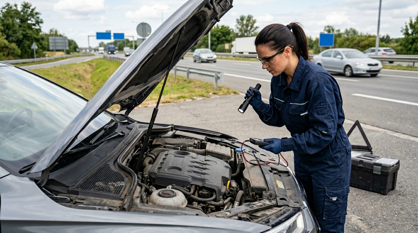 MW Recovery technician inspecting a car engine at the roadside