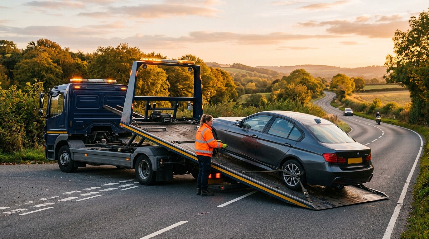 Flatbed recovery truck loading a broken down car for transport