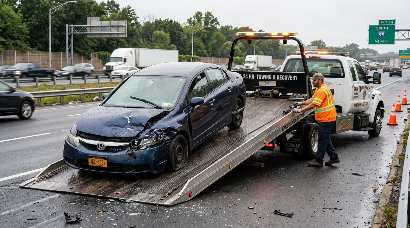 Flatbed recovery truck carefully loading a damaged car after a road accident in Greater Manchester