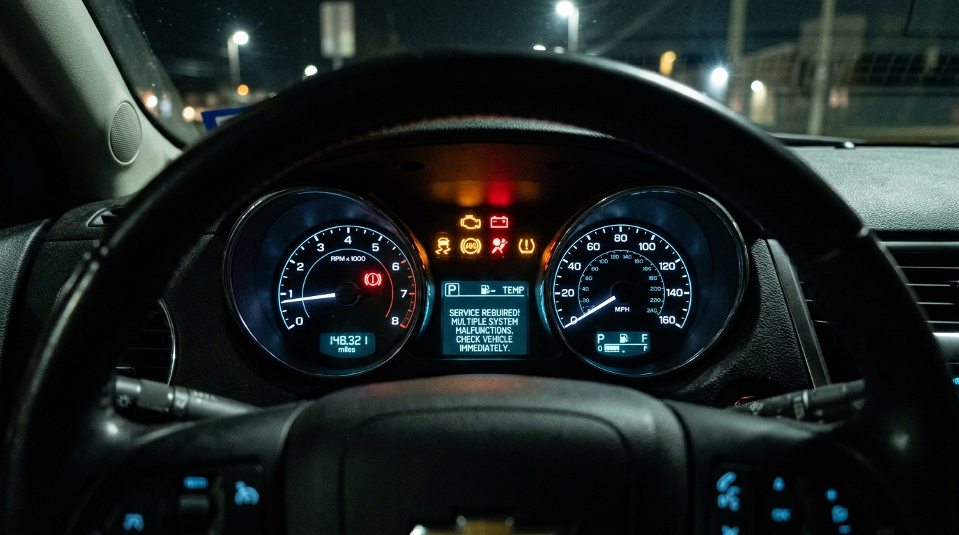 Common car dashboard warning lights including battery warning, engine management light and oil pressure indicator