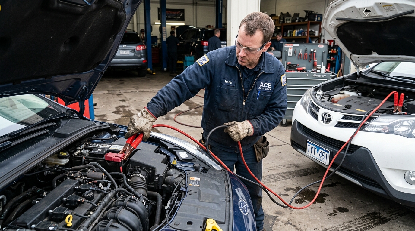 MW Recovery technician connecting professional jump start cables to a car battery in Manchester