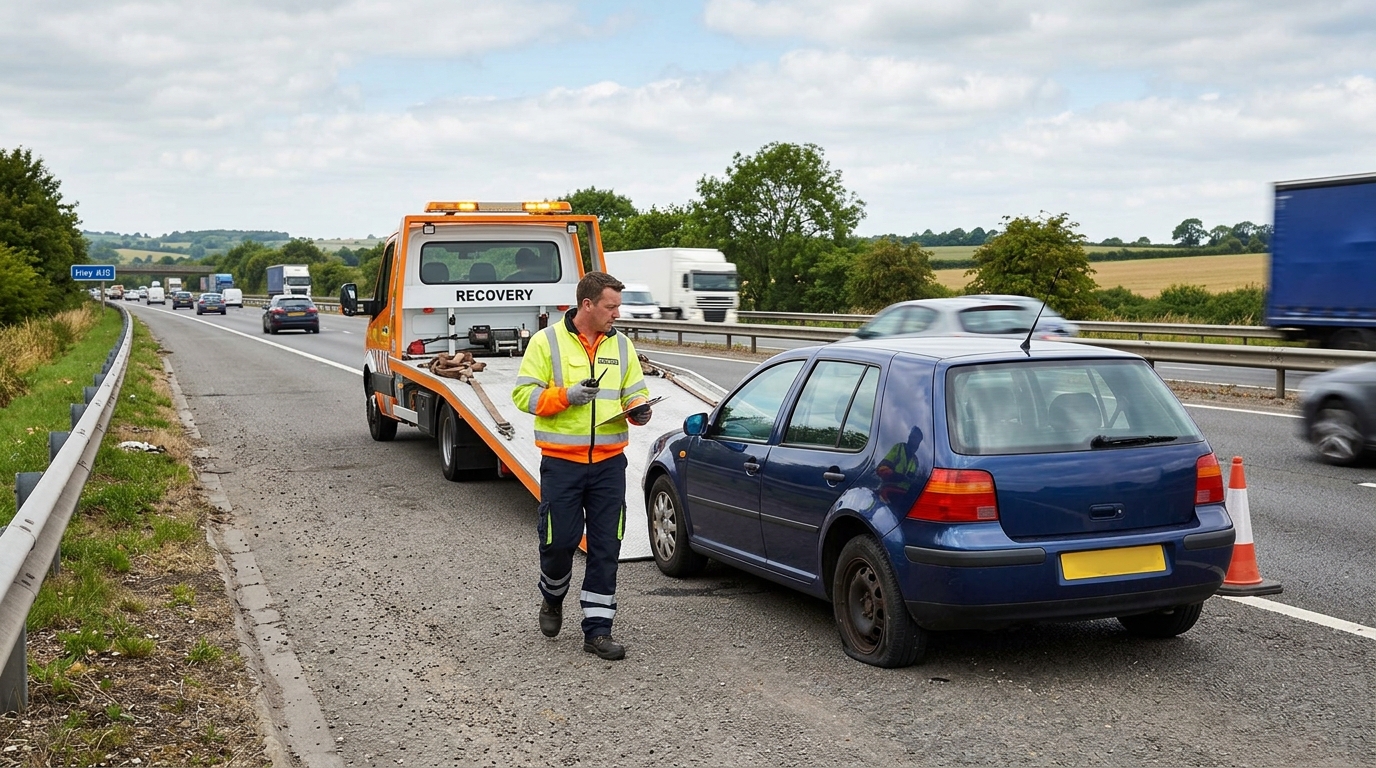 MW Recovery tow truck arriving at broken down car on roadside
