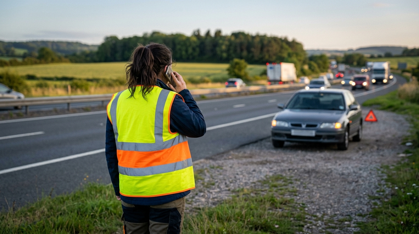 Person in hi-vis vest waiting safely away from broken down car