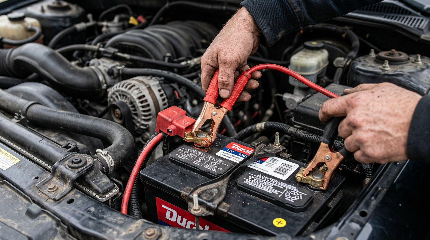 Close-up of car battery terminals with jump leads attached
