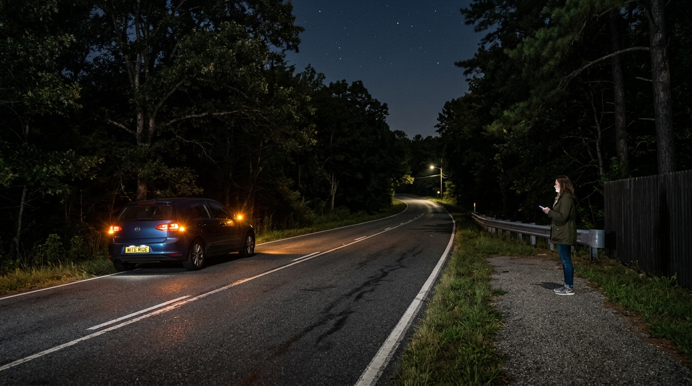 Car with hazard lights on at night, person standing safely on the pavement