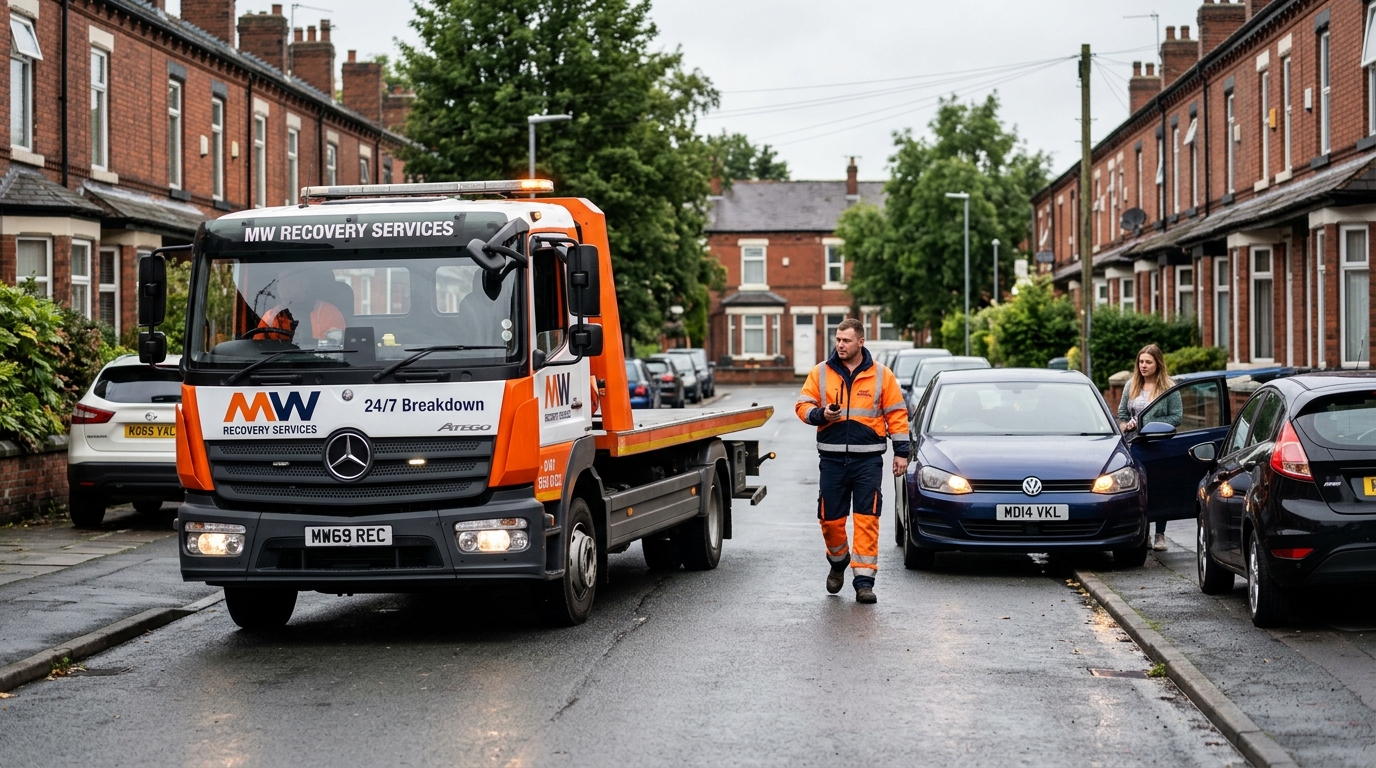 MW Recovery flatbed truck arriving to a stranded car in Manchester