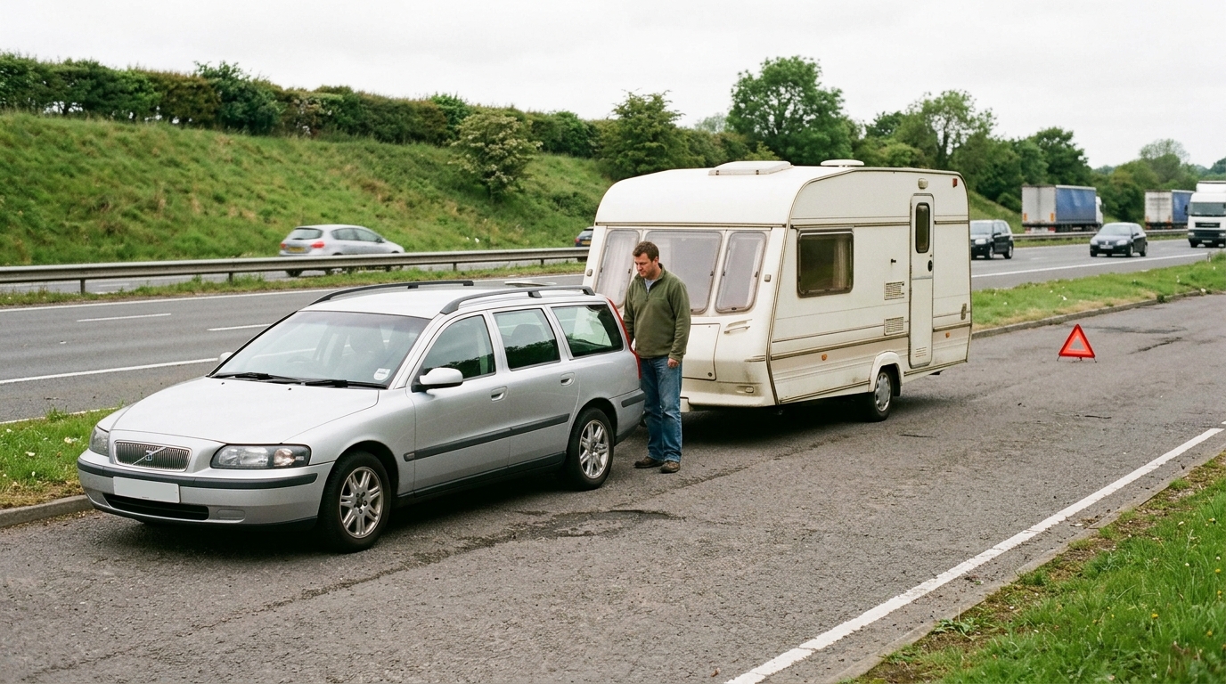 Caravan broken down on UK motorway hard shoulder with hazard lights on