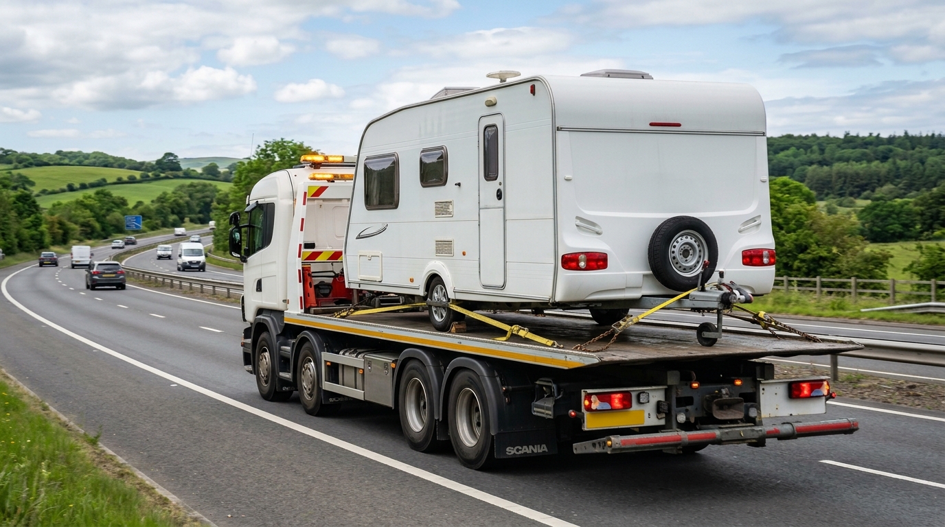MW Recovery Services flatbed truck transporting a motorhome across Greater Manchester