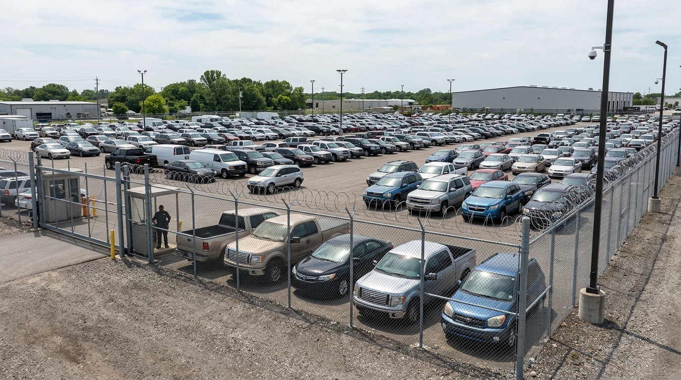 Secure vehicle storage compound where repossessed fleet vehicles are held after recovery in Manchester
