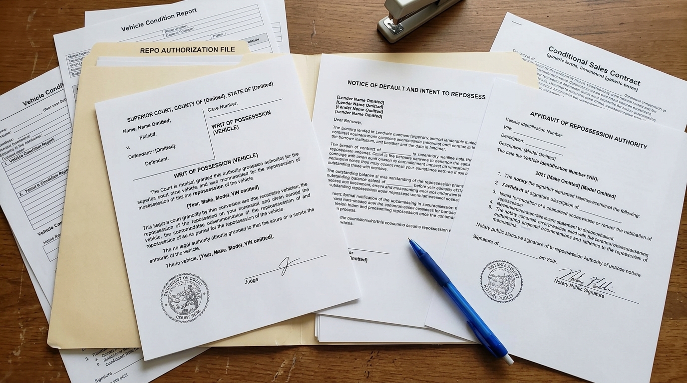 Legal documents and court paperwork required for vehicle repossession authority verification