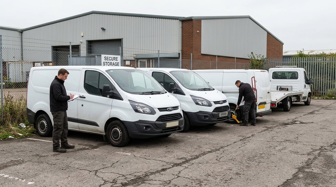 Ford Transit Custom vans parked at a business premises in Manchester city centre awaiting repossession