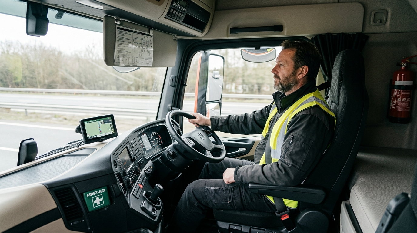HGV driver with safety checklist and hi-vis vest at roadside