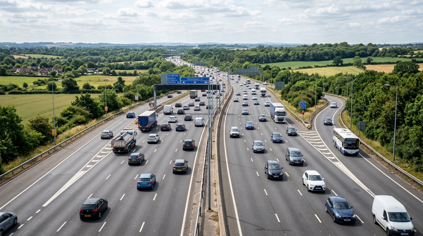 HGV broken down on UK motorway hard shoulder with hazard lights on