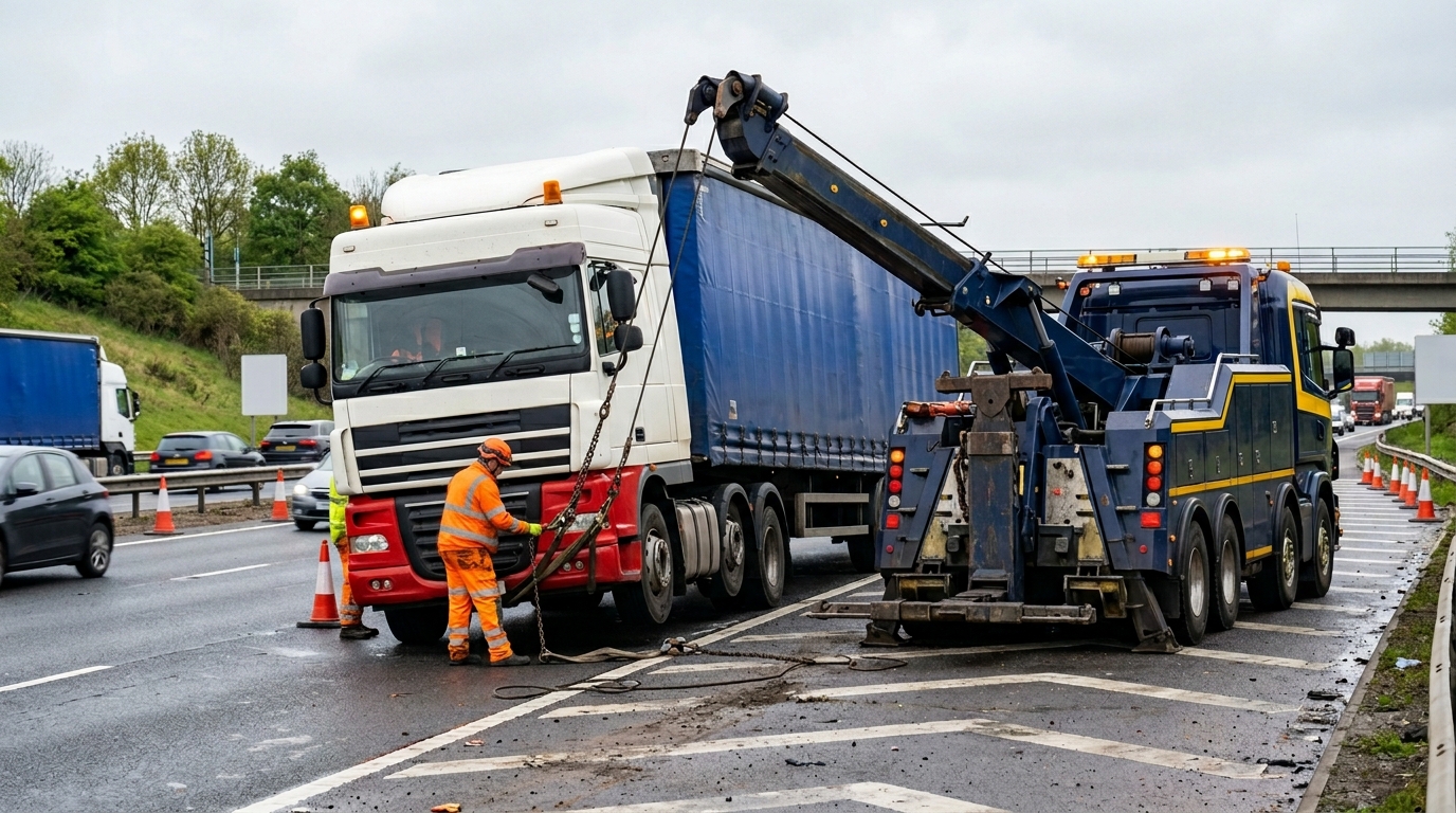 Heavy duty recovery truck attending a broken down HGV lorry