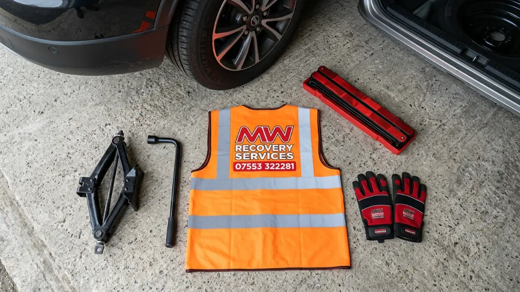Flat tyre change equipment laid out: car jack, wheel brace, locking wheel nut key, hi-vis vest and warning triangle