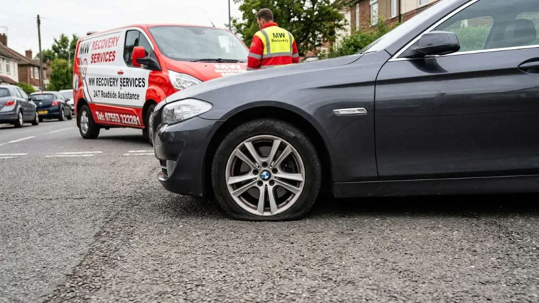 Flat tyre on a parked car showing a completely deflated tyre against the road surface