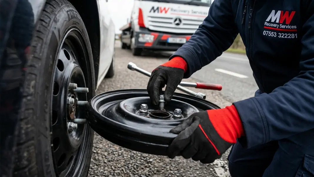 Driver fitting a spare wheel onto a car hub at the roadside, tightening wheel nuts in a star pattern with a wheel brace