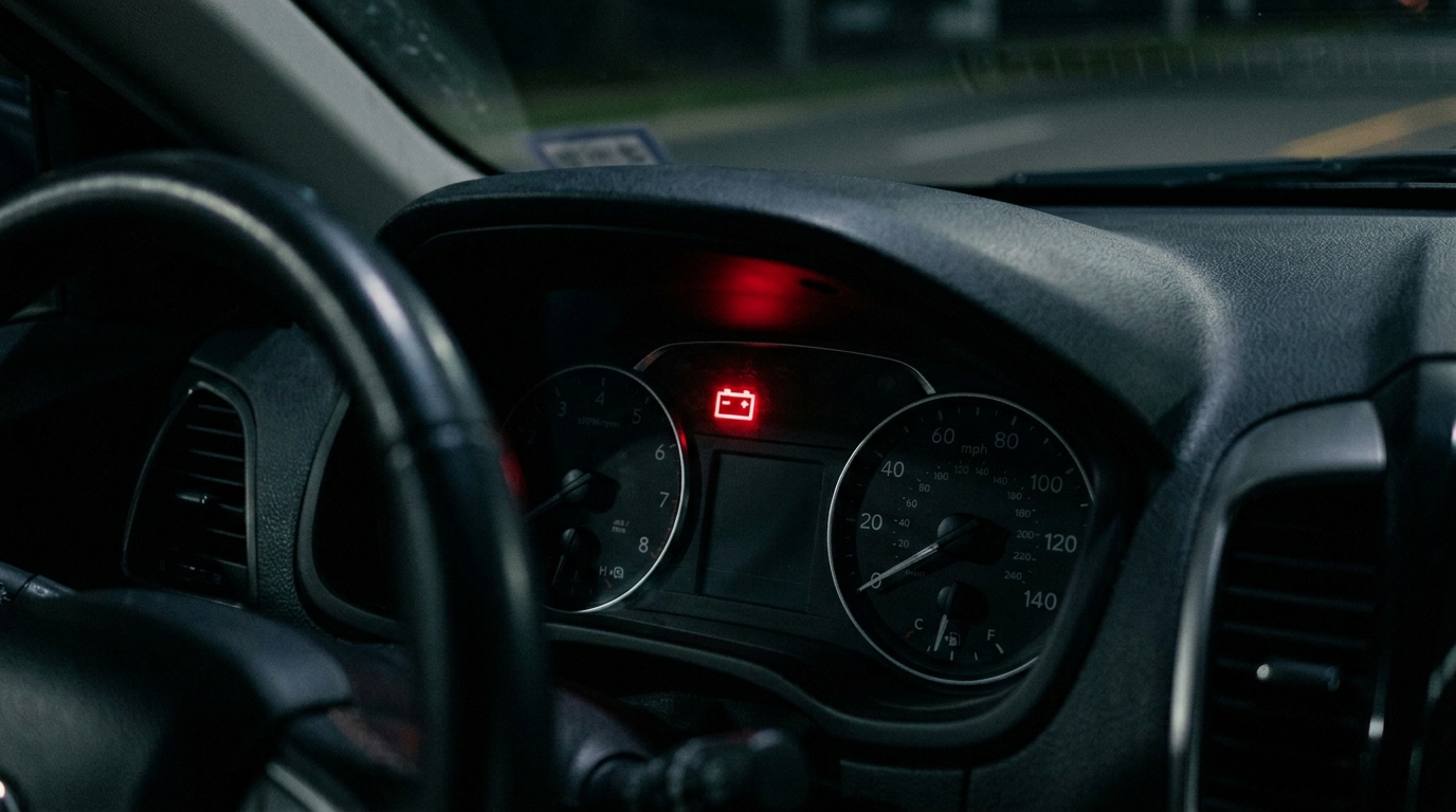 Car dashboard showing battery warning light after vehicle left in Manchester Airport car park for two weeks