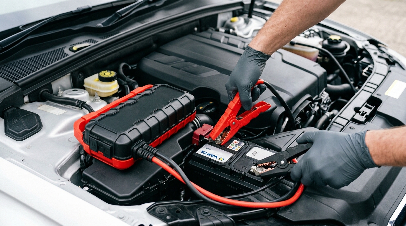 Professional jump start cables connected to a car battery in a Manchester Airport car park by MW Recovery technician