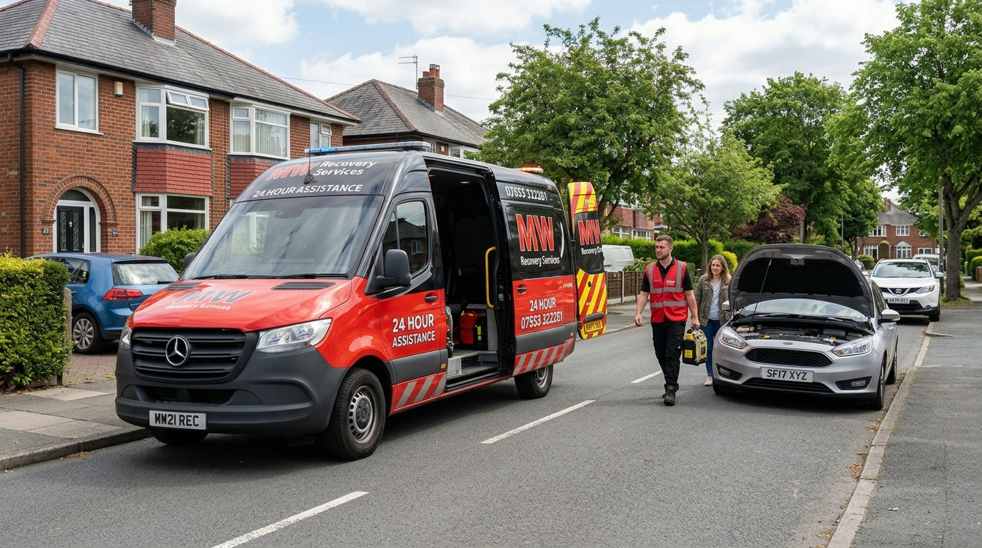 MW Recovery technician arriving to provide jump start and battery recovery service at Manchester Airport