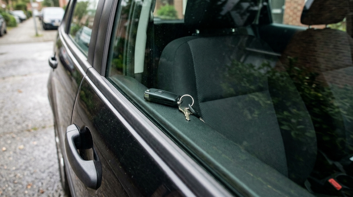 Person locked out of car in Manchester car park looking frustrated
