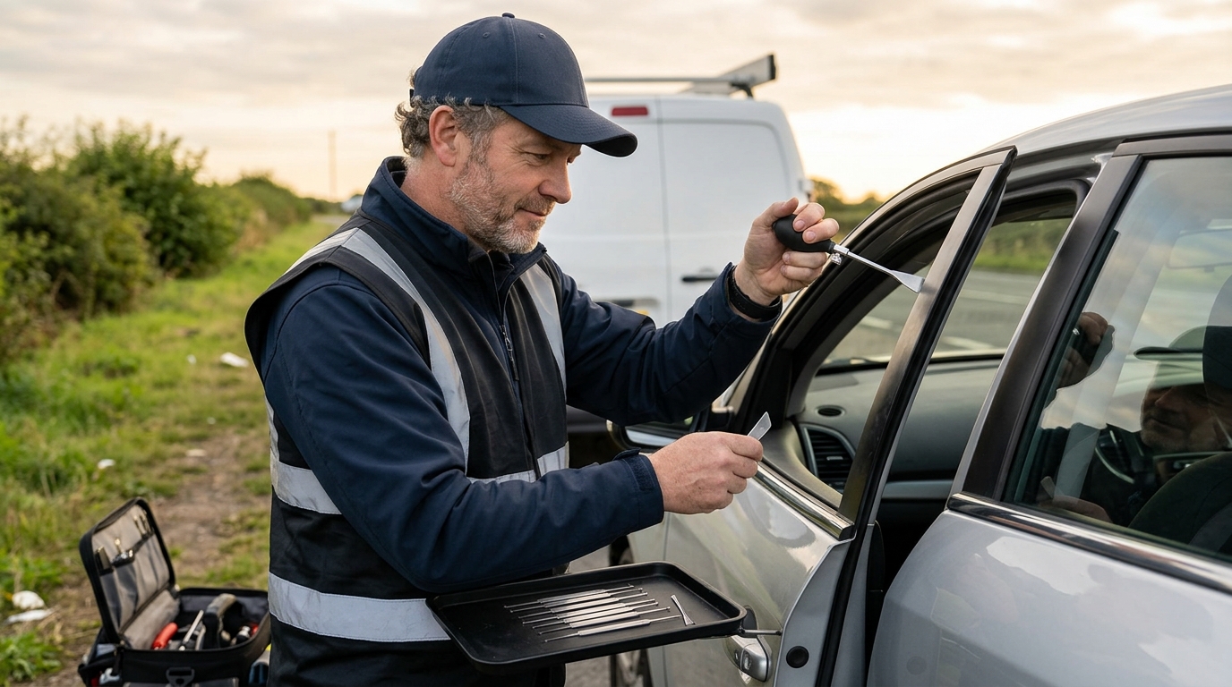 Roadside technician using professional tools to unlock a car door