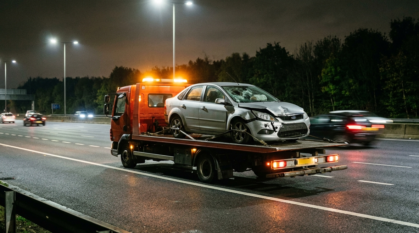Flatbed recovery truck transporting collision-damaged vehicle from M62 motorway to secure compound in Salford