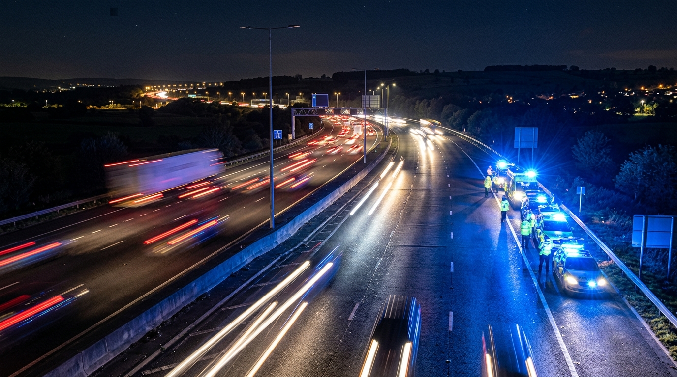 M62 motorway at night with vehicle lights and emergency blue lights from police vehicles at accident scene