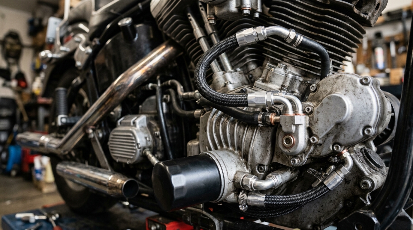 Close-up of motorcycle engine showing oil system components that failed causing engine seizure on Saddleworth Moors