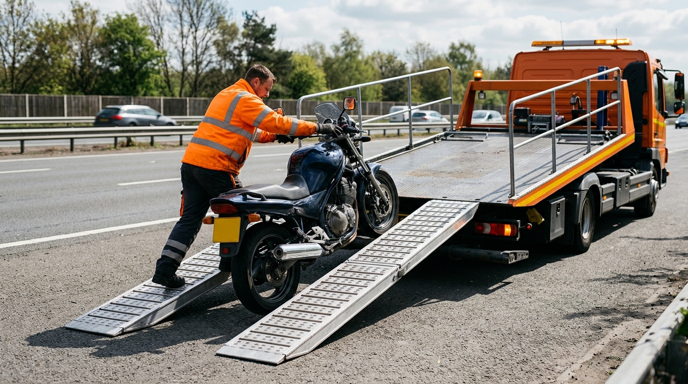 Motorcycle being loaded onto a flatbed recovery truck using ramps and wheel chocks on a moorland road