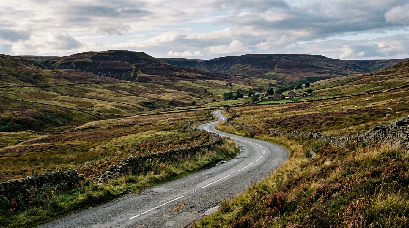 Narrow Pennine moorland road near Saddleworth Greater Manchester where motorcycle broke down on A635