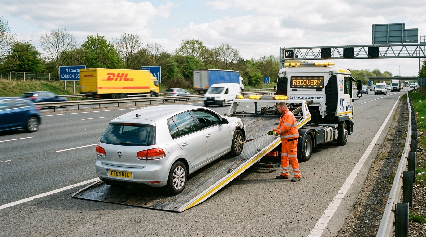 Flatbed recovery truck loading a broken-down car on a motorway hard shoulder near Manchester