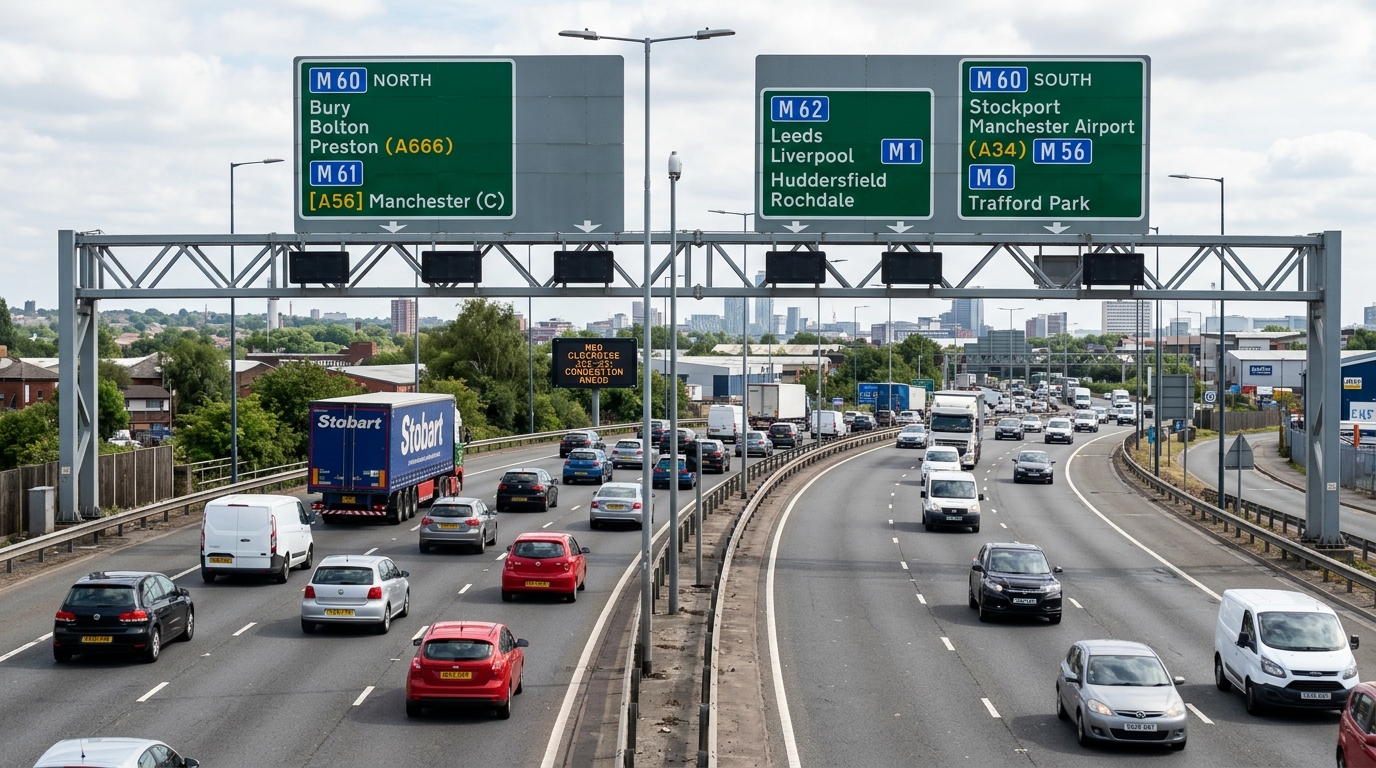 Aerial view of M60 motorway near Manchester showing busy traffic and overhead gantry signs
