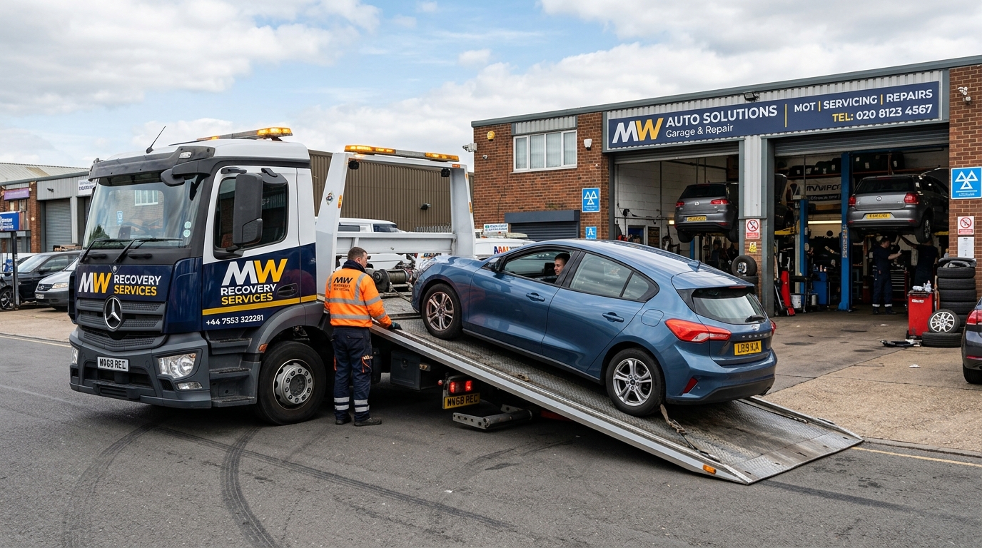Recovery truck loading a car with a workshop visible in the background