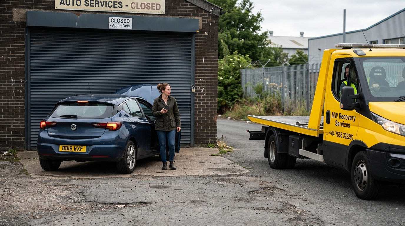 Car parked outside a closed garage, driver looking uncertain while waiting