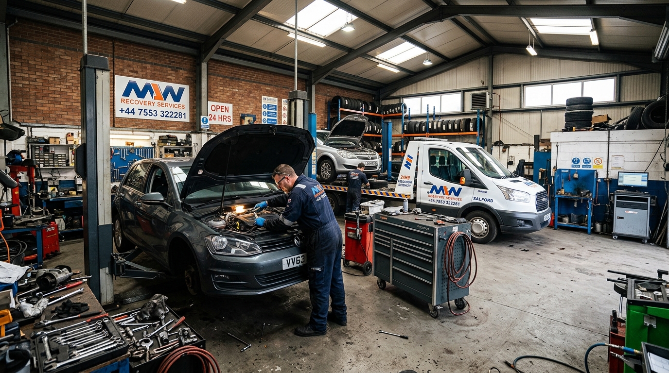 Professional workshop interior with mechanic working on a car, Salford