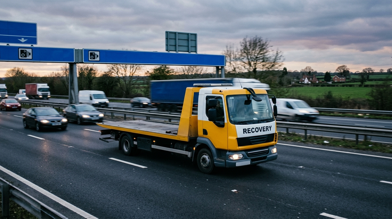 MW Recovery Services flatbed truck securing a large SUV for transport across Greater Manchester