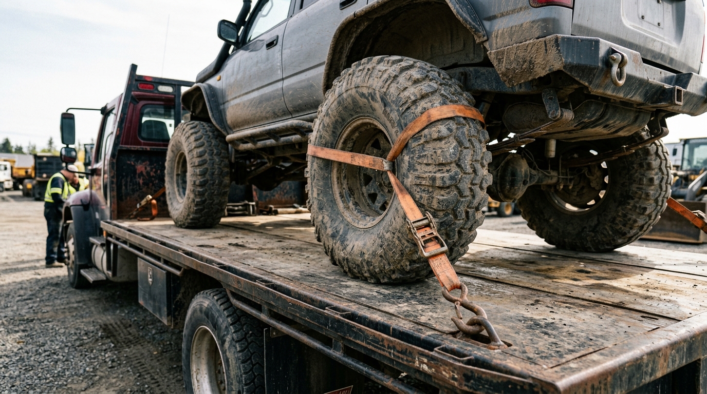 Flatbed recovery truck loading a large Range Rover SUV in Manchester