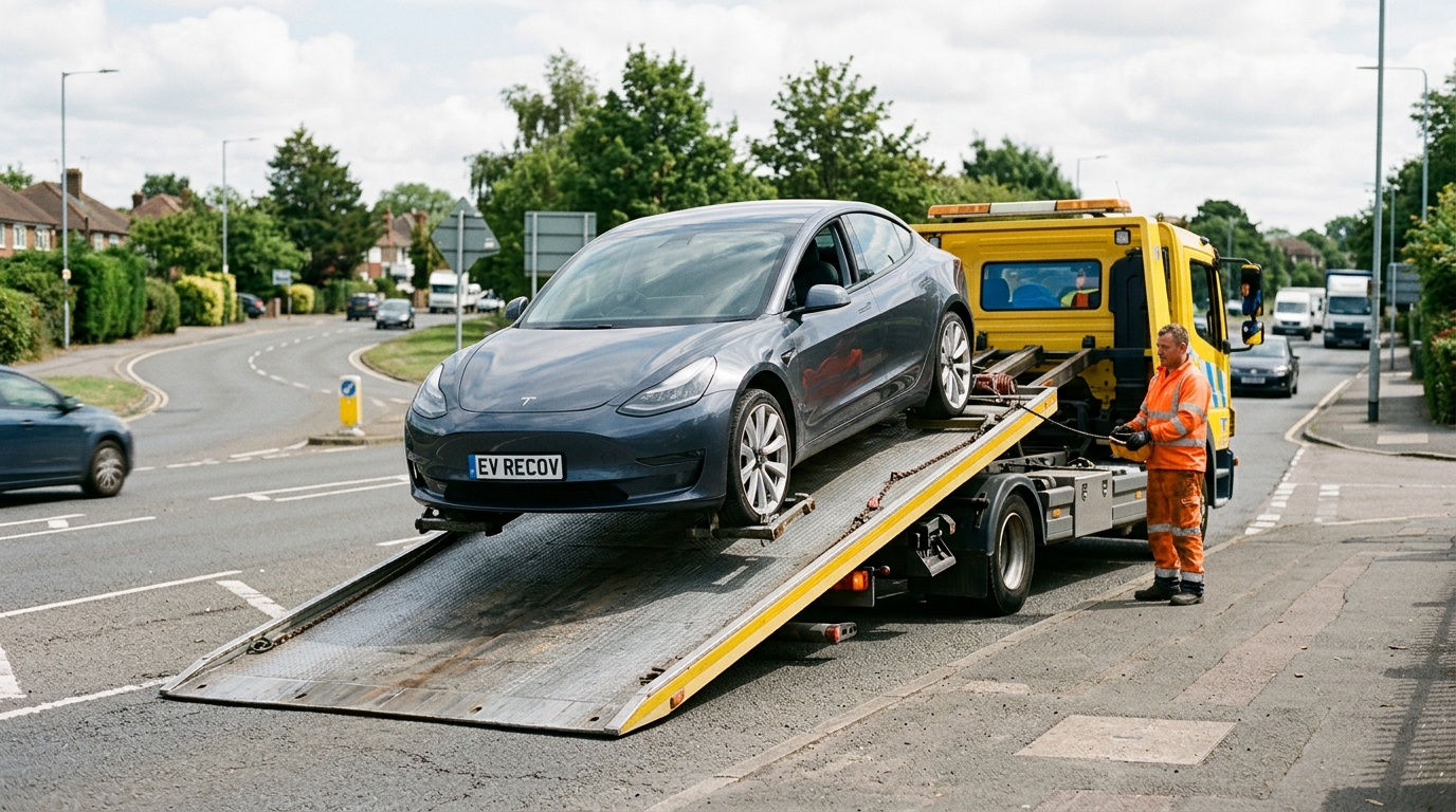 Tesla electric vehicle loaded onto a flatbed recovery truck showing correct EV recovery method with tow mode activated
